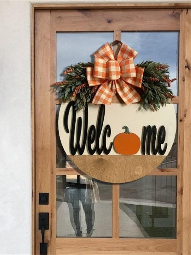 Halloween House Number Pumpkin Bow Wooden Round Ornaments Decoration Welcome Garland Pendant