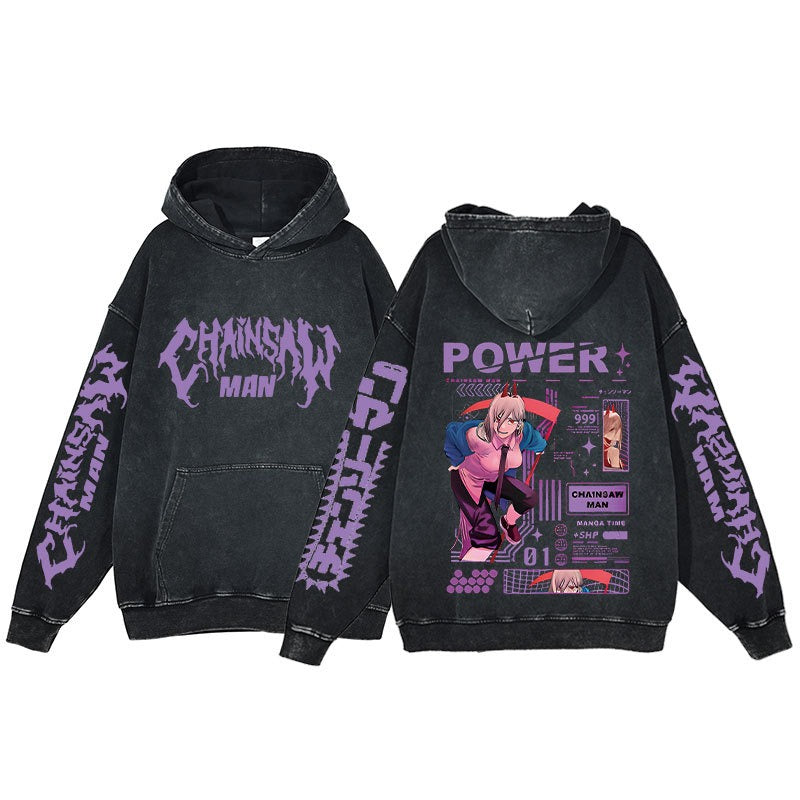 Retro washed hoodie for men and women, hip-hop chain sawman anime, dark hoodie, distressed hoodie