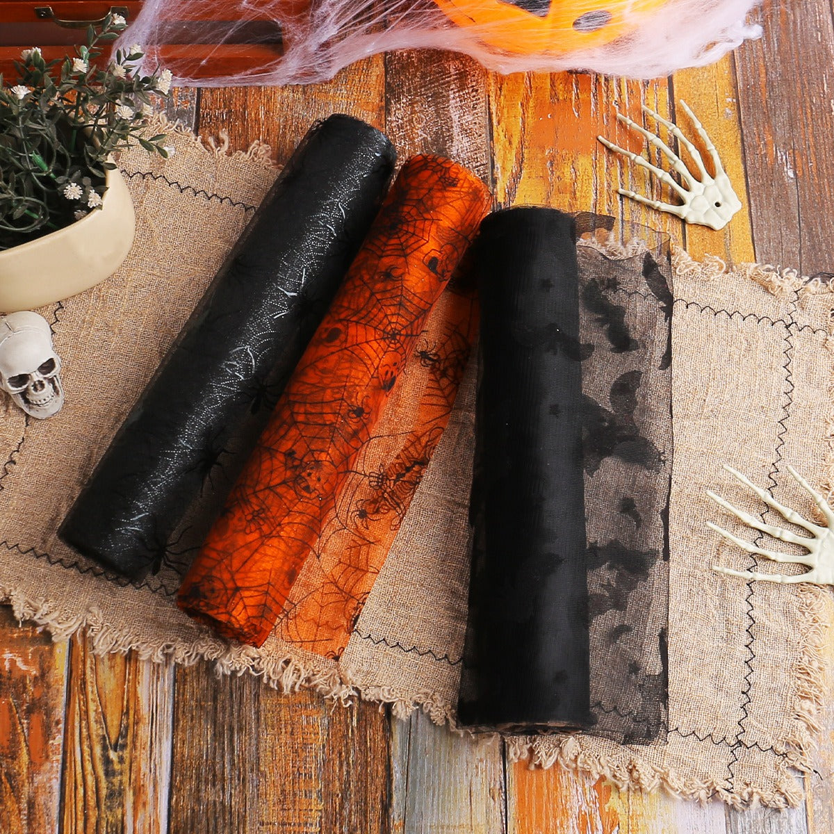 Halloween Bat Spider Web Yarn Roll Meal Mat Ghost Festival Party Table Decoration Mesh Tablecloth Table Banner