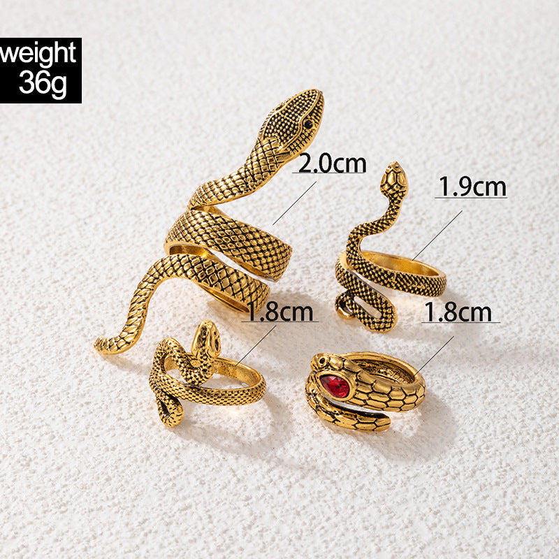 Imitation Ruby Inlaid Snake Ring Set Ancient Gold Animal Snake Ring Set Of Four
