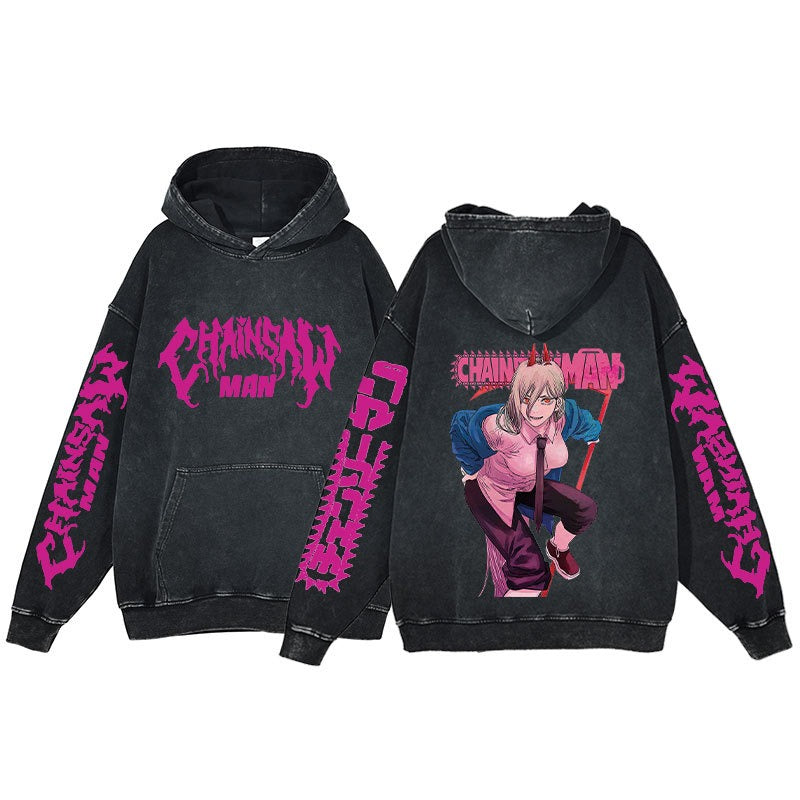 Retro washed hoodie for men and women, hip-hop chain sawman anime, dark hoodie, distressed hoodie