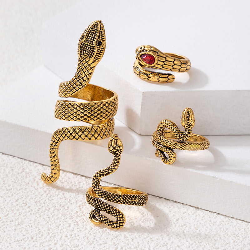 Imitation Ruby Inlaid Snake Ring Set Ancient Gold Animal Snake Ring Set Of Four