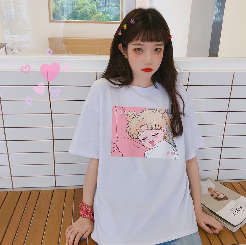 Sailor Moon Female T Shirts Top Tees Letter Print O-Neck Short Sleeve Loose Summer Women T-shirts