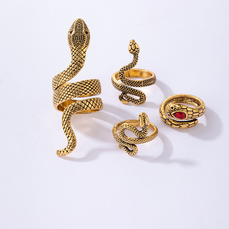 Imitation Ruby Inlaid Snake Ring Set Ancient Gold Animal Snake Ring Set Of Four