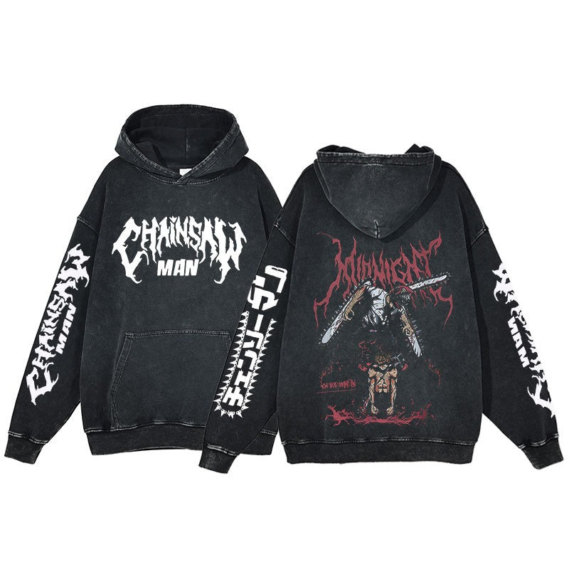 Retro washed hoodie for men and women, hip-hop chain sawman anime, dark hoodie, distressed hoodie