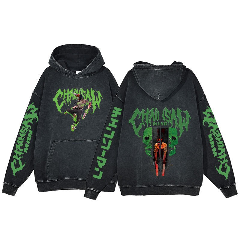 Retro washed hoodie for men and women, hip-hop chain sawman anime, dark hoodie, distressed hoodie