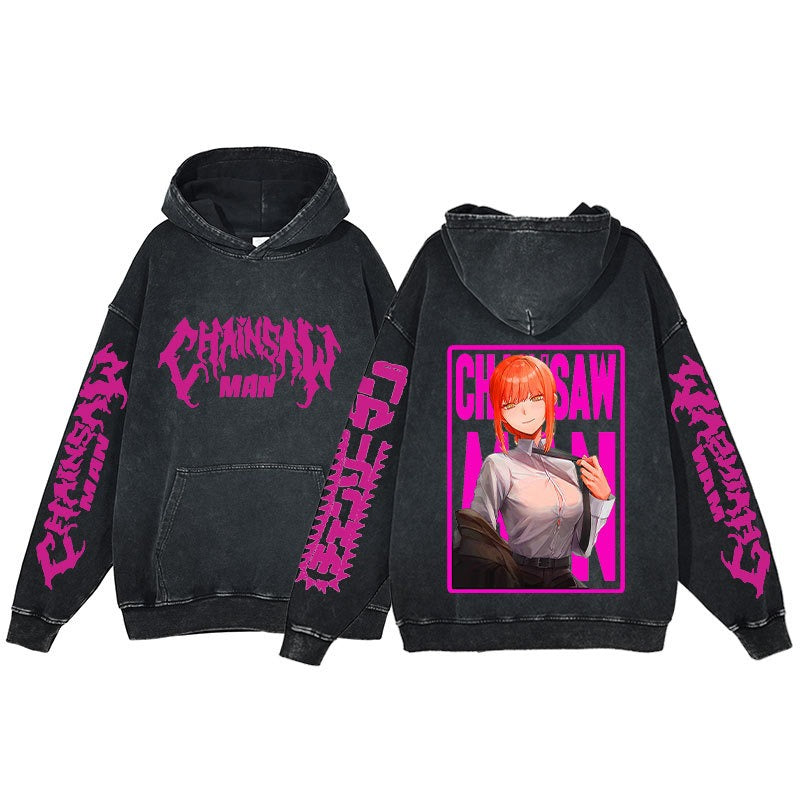 Retro washed hoodie for men and women, hip-hop chain sawman anime, dark hoodie, distressed hoodie