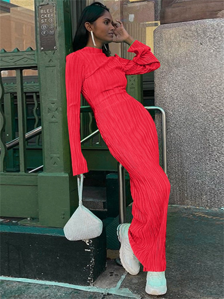 WJFZQM Long Sleeve Bodycon Striped Long Dresses For Women  Club Party Elegant Outfit Autumn Ruched Ruffle Sexy Y2K Clothes