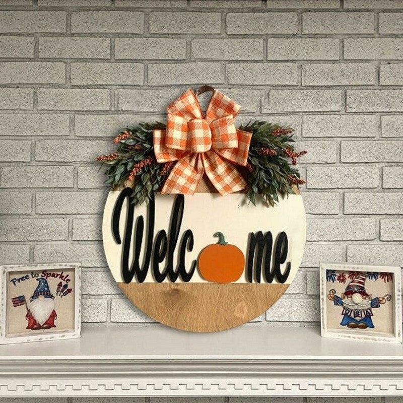 Halloween House Number Pumpkin Bow Wooden Round Ornaments Decoration Welcome Garland Pendant