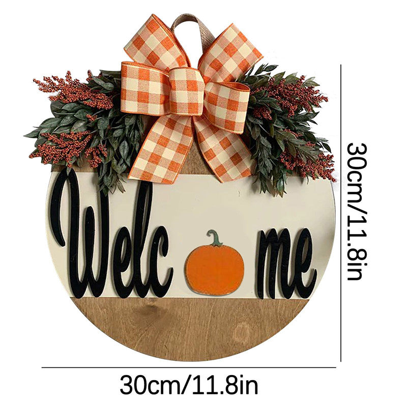 Halloween House Number Pumpkin Bow Wooden Round Ornaments Decoration Welcome Garland Pendant