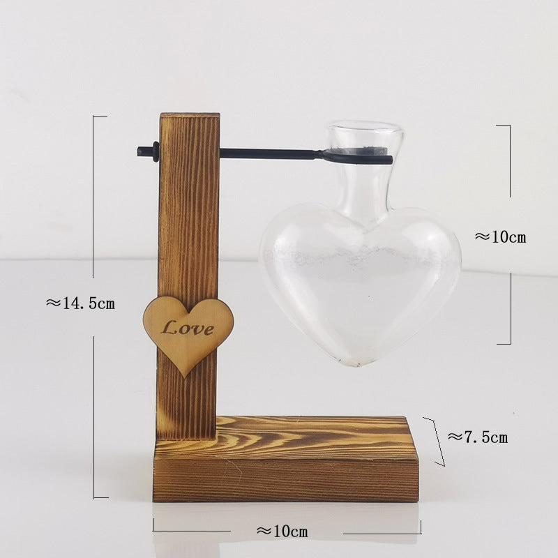 Creative Love Hydroponic Transparent Glass Vase Wooden Dry Flower Arrangement Container Tabletop Decoration Wooden Vase