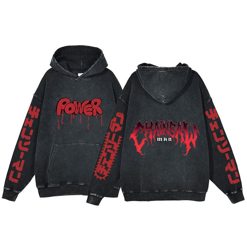 Retro washed hoodie for men and women, hip-hop chain sawman anime, dark hoodie, distressed hoodie