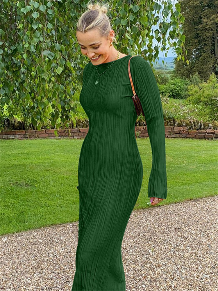 WJFZQM Long Sleeve Bodycon Striped Long Dresses For Women  Club Party Elegant Outfit Autumn Ruched Ruffle Sexy Y2K Clothes