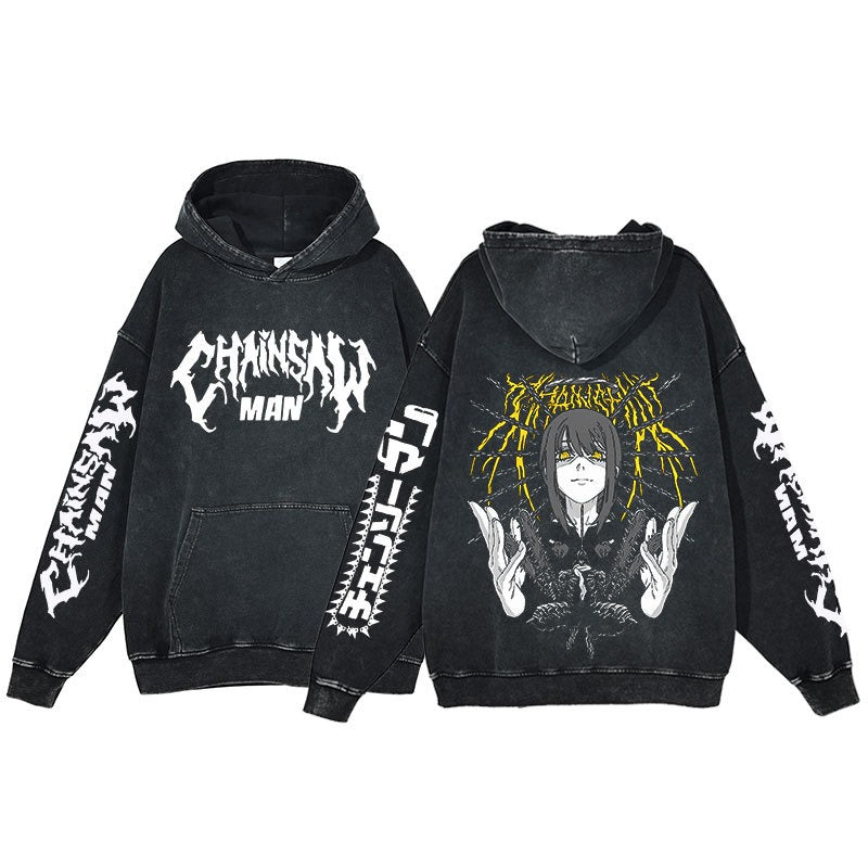 Retro washed hoodie for men and women, hip-hop chain sawman anime, dark hoodie, distressed hoodie