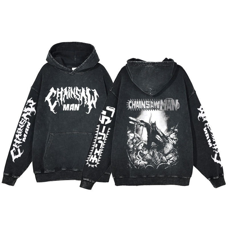 Retro washed hoodie for men and women, hip-hop chain sawman anime, dark hoodie, distressed hoodie