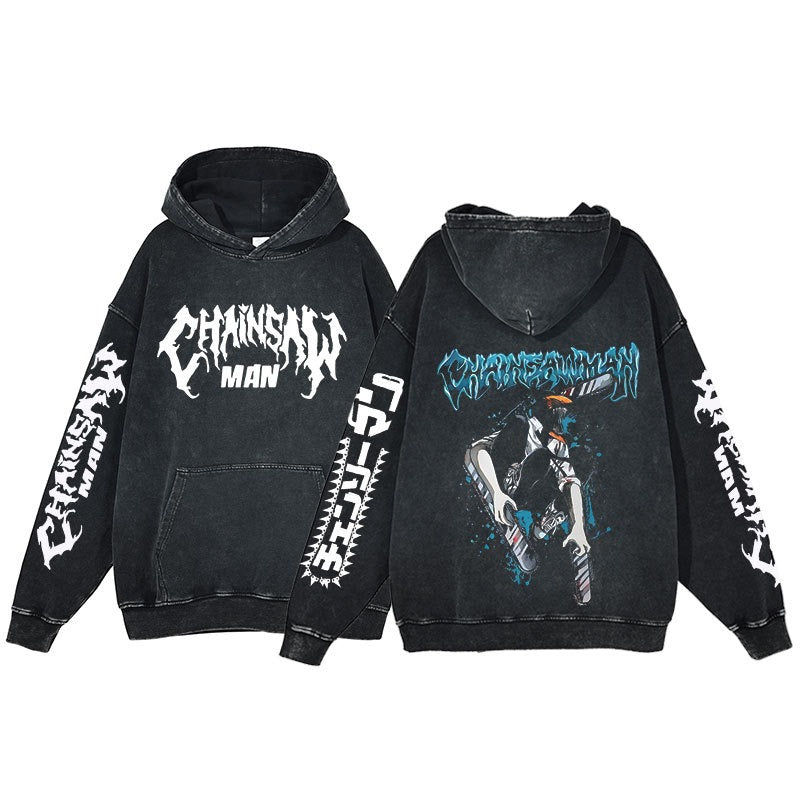 Retro washed hoodie for men and women, hip-hop chain sawman anime, dark hoodie, distressed hoodie