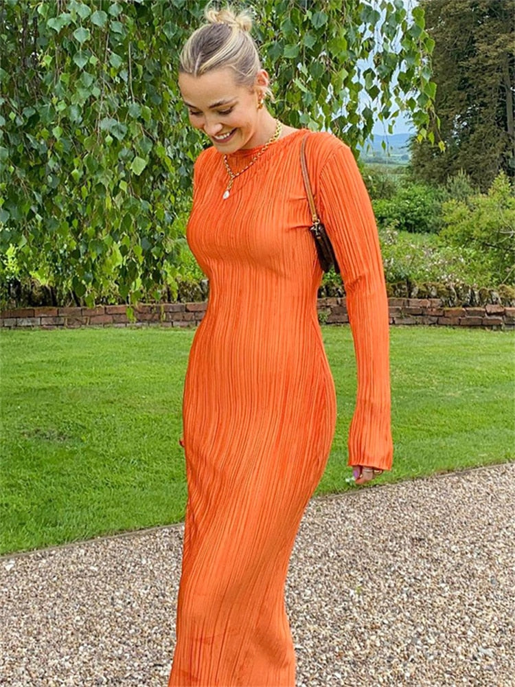 WJFZQM Long Sleeve Bodycon Striped Long Dresses For Women  Club Party Elegant Outfit Autumn Ruched Ruffle Sexy Y2K Clothes