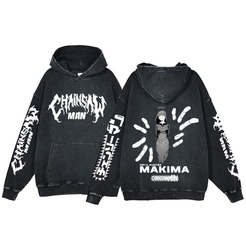Retro washed hoodie for men and women, hip-hop chain sawman anime, dark hoodie, distressed hoodie