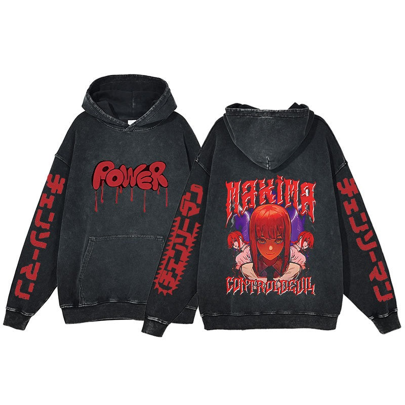 Retro washed hoodie for men and women, hip-hop chain sawman anime, dark hoodie, distressed hoodie