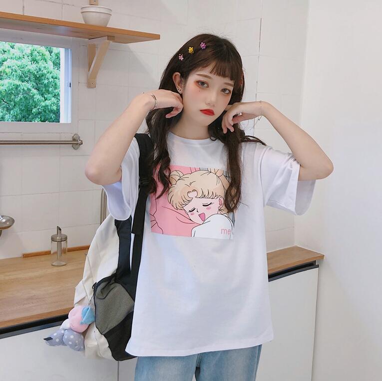 Sailor Moon Female T Shirts Top Tees Letter Print O-Neck Short Sleeve Loose Summer Women T-shirts