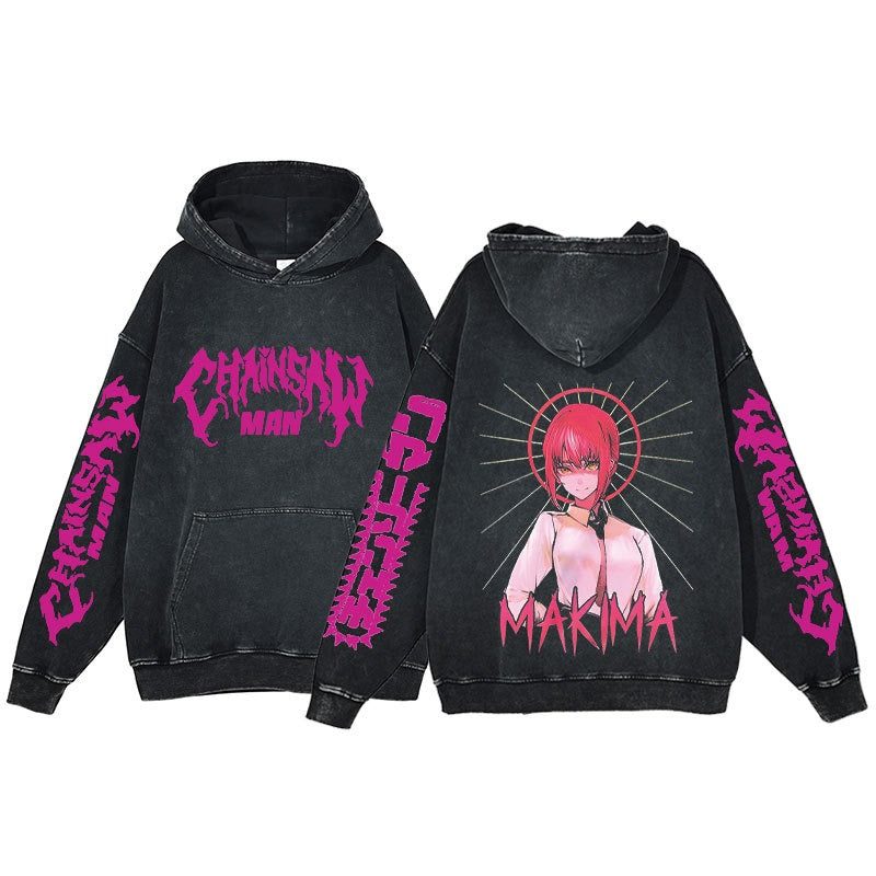 Retro washed hoodie for men and women, hip-hop chain sawman anime, dark hoodie, distressed hoodie