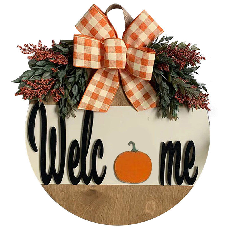 Halloween House Number Pumpkin Bow Wooden Round Ornaments Decoration Welcome Garland Pendant