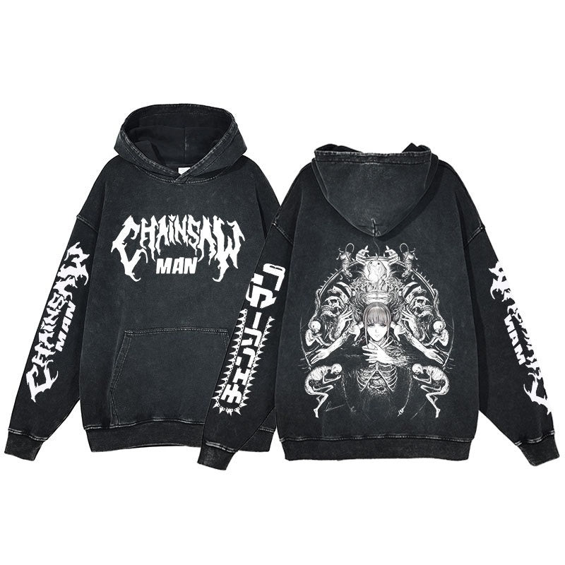 Retro washed hoodie for men and women, hip-hop chain sawman anime, dark hoodie, distressed hoodie