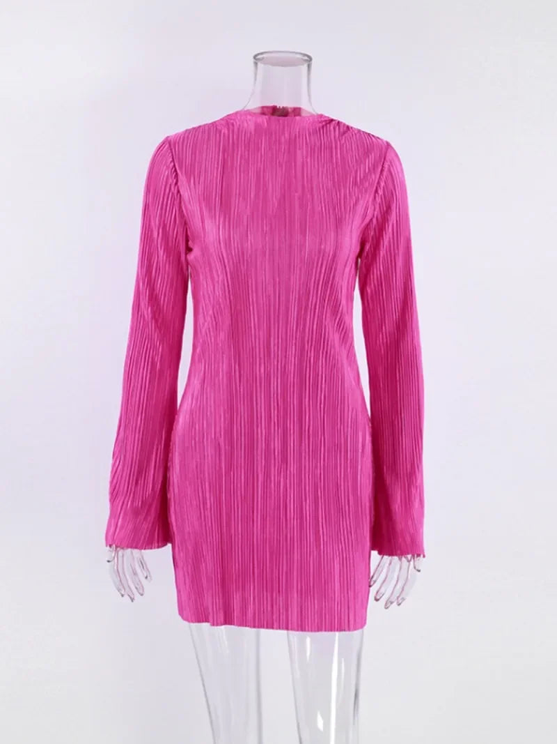 New O-neck Flare Sleeve Slim Short Party Dresses for Women Streetwear Rose Red Pink Bodycon Mini Office Work Pleated Dress