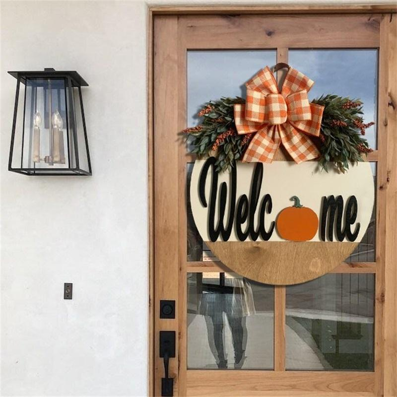 Halloween House Number Pumpkin Bow Wooden Round Ornaments Decoration Welcome Garland Pendant
