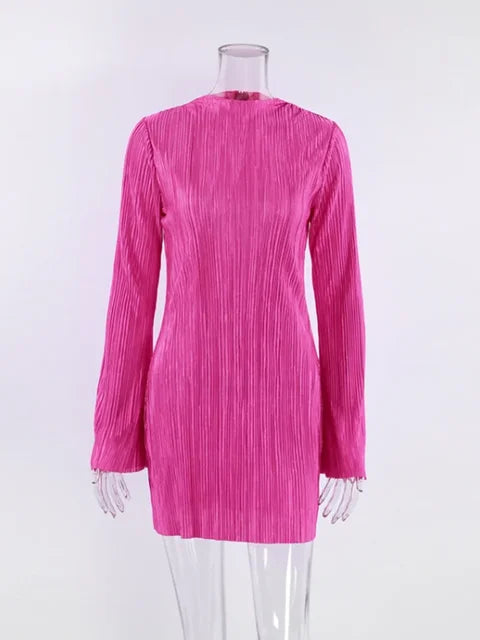 New O-neck Flare Sleeve Slim Short Party Dresses for Women Streetwear Rose Red Pink Bodycon Mini Office Work Pleated Dress