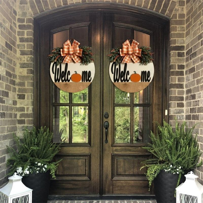 Halloween House Number Pumpkin Bow Wooden Round Ornaments Decoration Welcome Garland Pendant
