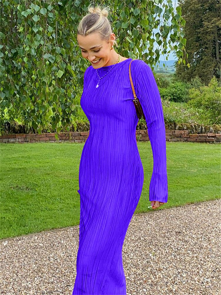 WJFZQM Long Sleeve Bodycon Striped Long Dresses For Women  Club Party Elegant Outfit Autumn Ruched Ruffle Sexy Y2K Clothes