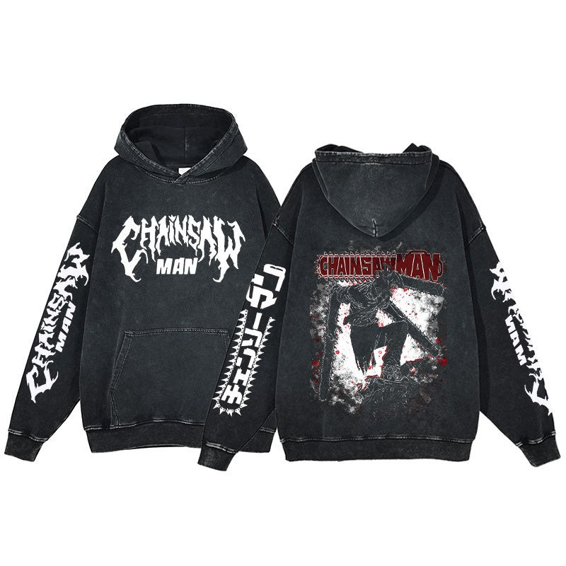 Retro washed hoodie for men and women, hip-hop chain sawman anime, dark hoodie, distressed hoodie
