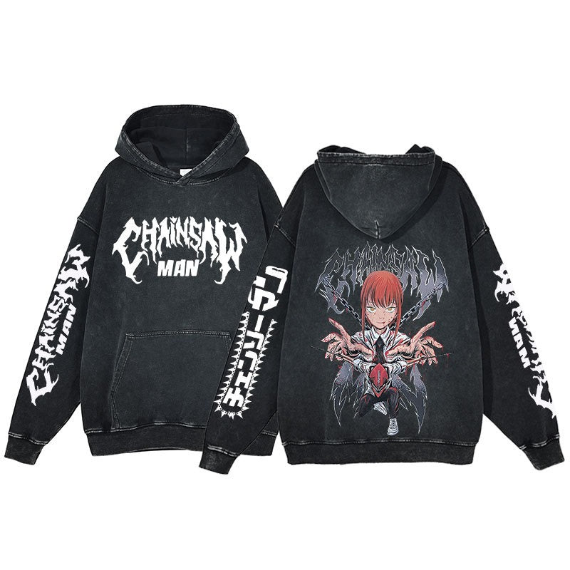 Retro washed hoodie for men and women, hip-hop chain sawman anime, dark hoodie, distressed hoodie