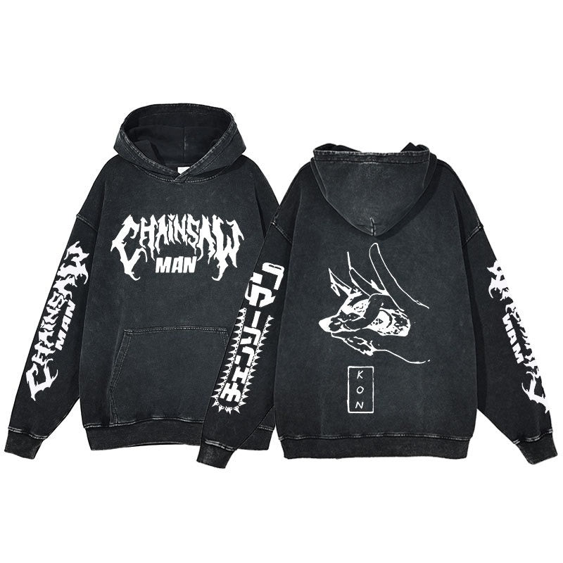 Retro washed hoodie for men and women, hip-hop chain sawman anime, dark hoodie, distressed hoodie