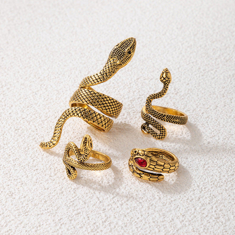 Imitation Ruby Inlaid Snake Ring Set Ancient Gold Animal Snake Ring Set Of Four