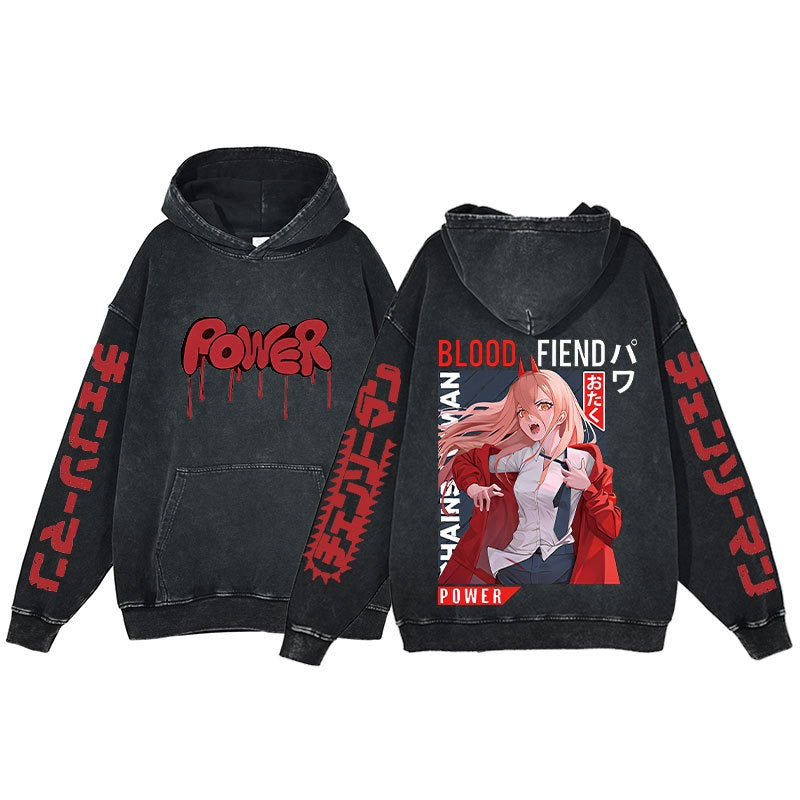 Retro washed hoodie for men and women, hip-hop chain sawman anime, dark hoodie, distressed hoodie