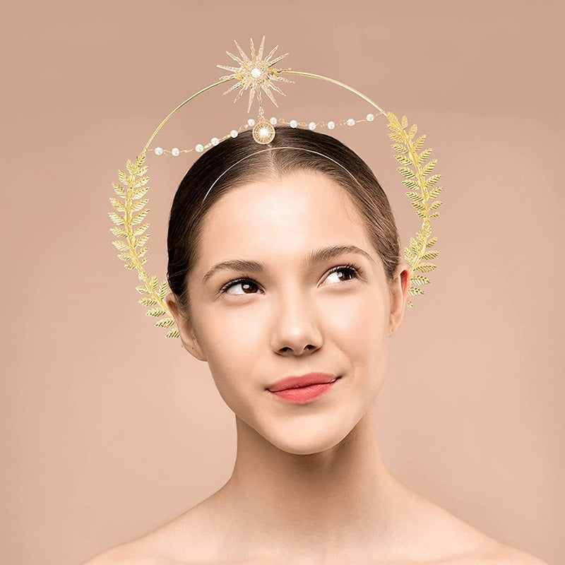 Crown Halo Earring Set Boho Wind Sun Goddess Double Layer Bohemian Hair Band Diamond Shiny Hair Ornament Earring Set