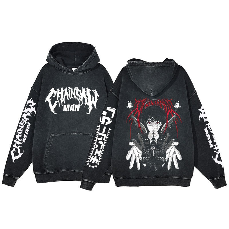 Retro washed hoodie for men and women, hip-hop chain sawman anime, dark hoodie, distressed hoodie