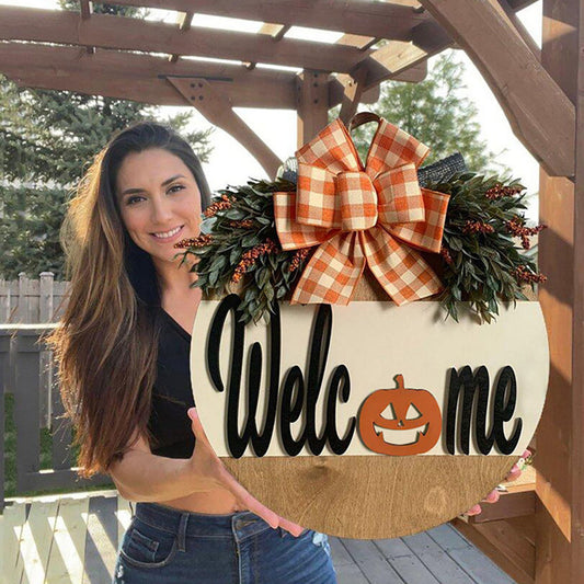 Halloween House Number Pumpkin Bow Wooden Round Ornaments Decoration Welcome Garland Pendant