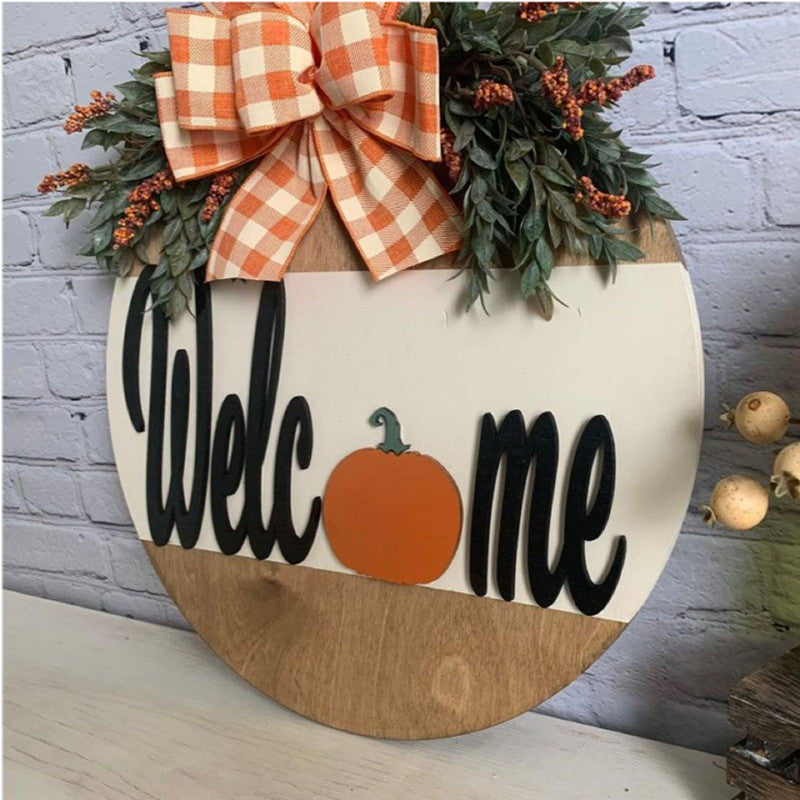 Halloween House Number Pumpkin Bow Wooden Round Ornaments Decoration Welcome Garland Pendant