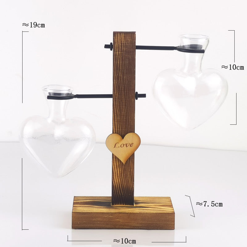 Creative Love Hydroponic Transparent Glass Vase Wooden Dry Flower Arrangement Container Tabletop Decoration Wooden Vase
