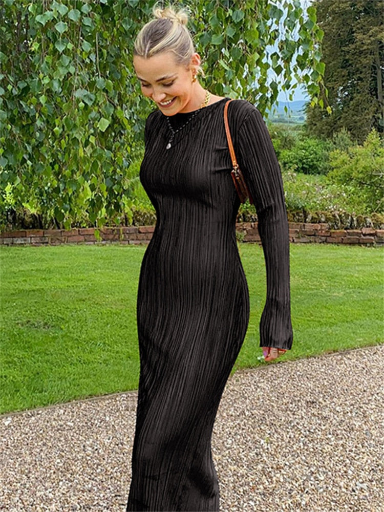 WJFZQM Long Sleeve Bodycon Striped Long Dresses For Women  Club Party Elegant Outfit Autumn Ruched Ruffle Sexy Y2K Clothes