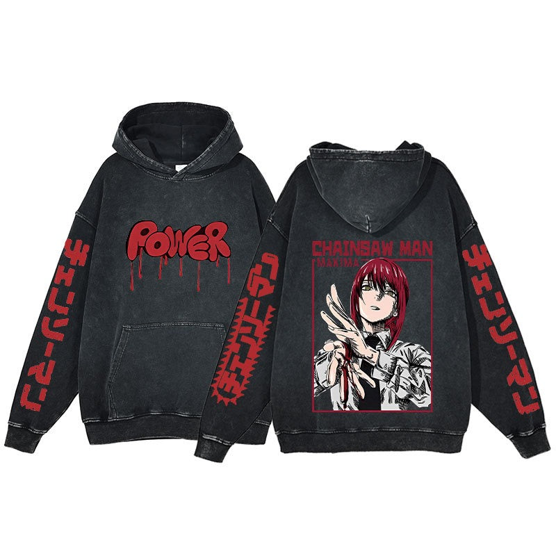 Retro washed hoodie for men and women, hip-hop chain sawman anime, dark hoodie, distressed hoodie