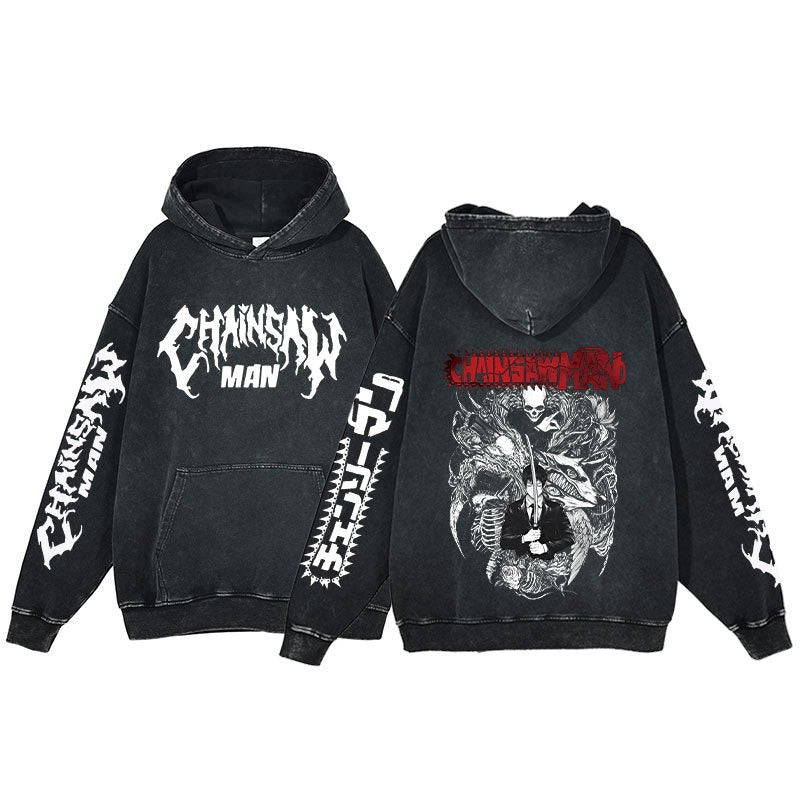 Retro washed hoodie for men and women, hip-hop chain sawman anime, dark hoodie, distressed hoodie