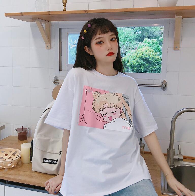 Sailor Moon Female T Shirts Top Tees Letter Print O-Neck Short Sleeve Loose Summer Women T-shirts