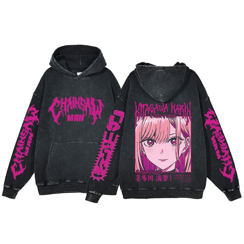 Retro washed hoodie for men and women, hip-hop chain sawman anime, dark hoodie, distressed hoodie