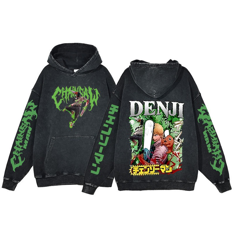 Retro washed hoodie for men and women, hip-hop chain sawman anime, dark hoodie, distressed hoodie