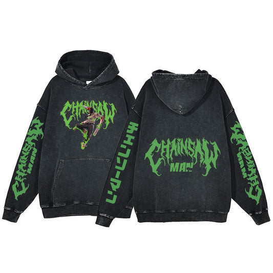 Retro washed hoodie for men and women, hip-hop chain sawman anime, dark hoodie, distressed hoodie